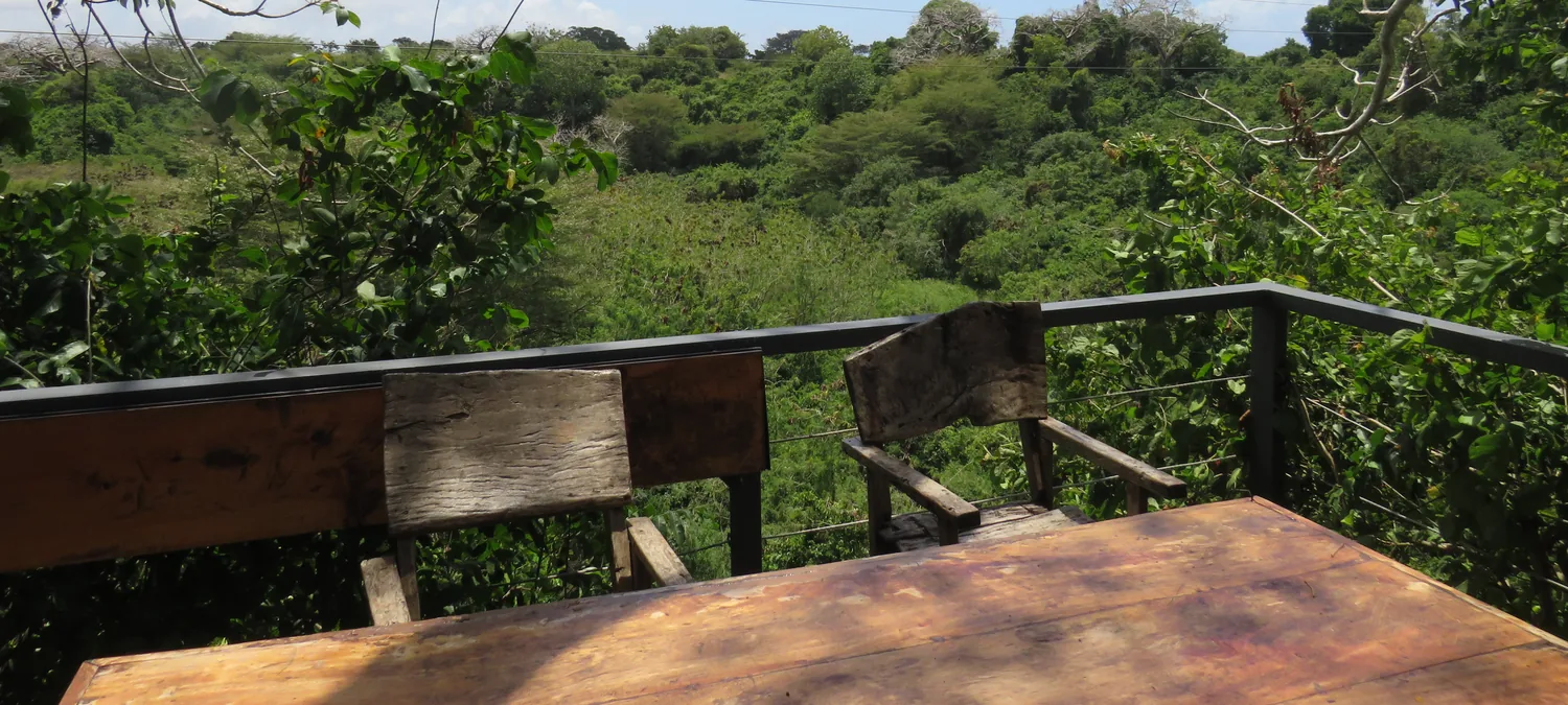Wood table and a weathered deck rail looking out over green hills